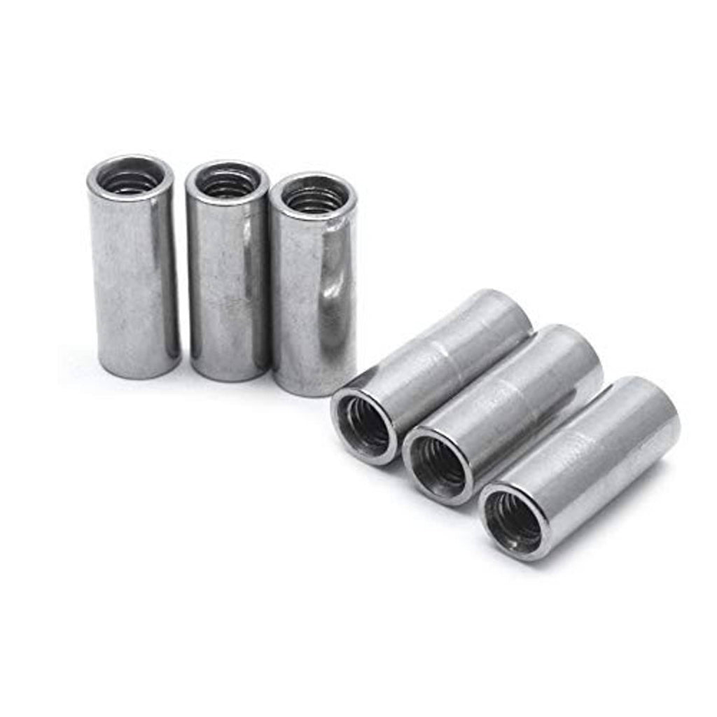 Round coupling nuts group, cylindrical metal sleeves with threaded ends