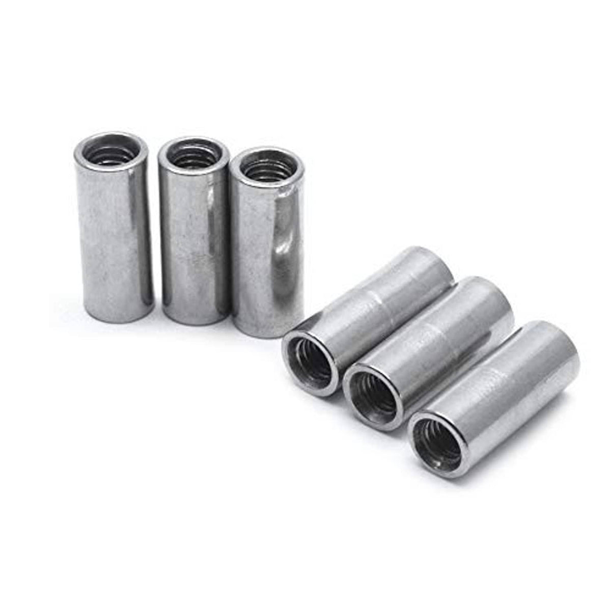 Round coupling nuts group, cylindrical metal sleeves with threaded ends