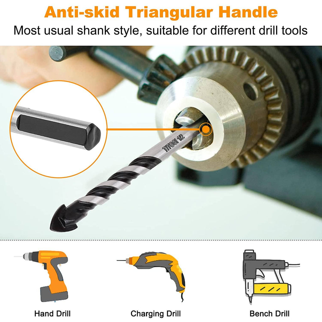 Masonry drill bit with black triangular anti-skid shank shown with a drill