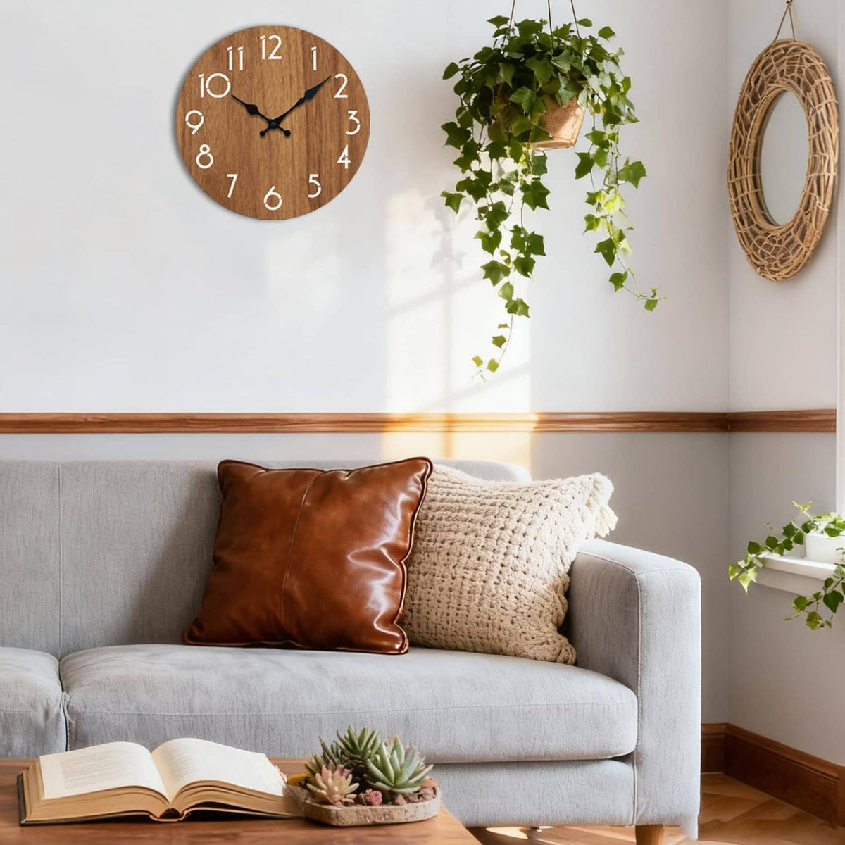 Round wooden wall clock with white numerals and black hands mounted on the wall