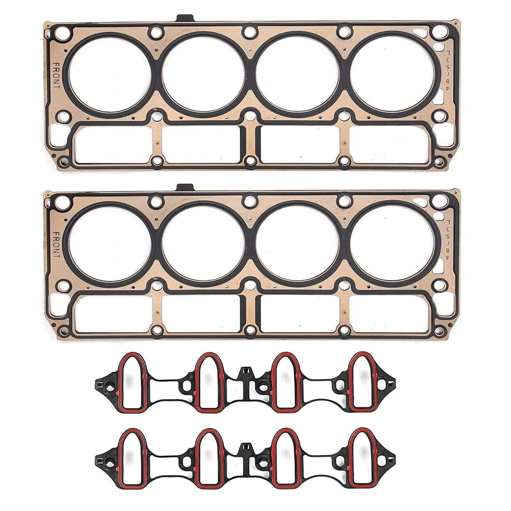 Cylinder head gasket set showing two brown head gaskets with four bore openings