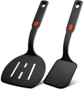 Two-piece black silicone pancake spatula set, red grip tabs, long curved handles
