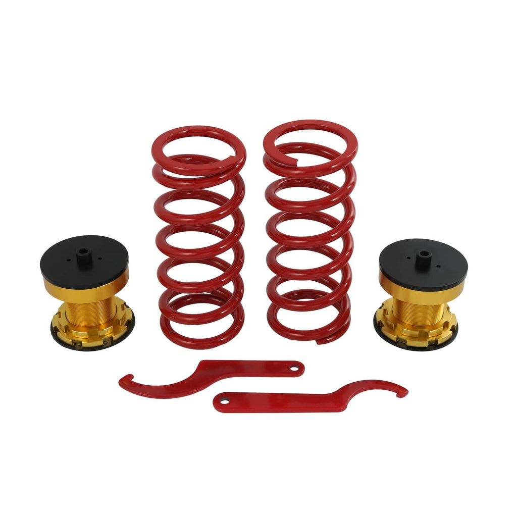 Red coil springs with gold top mounts and black adjustment caps for coilovers