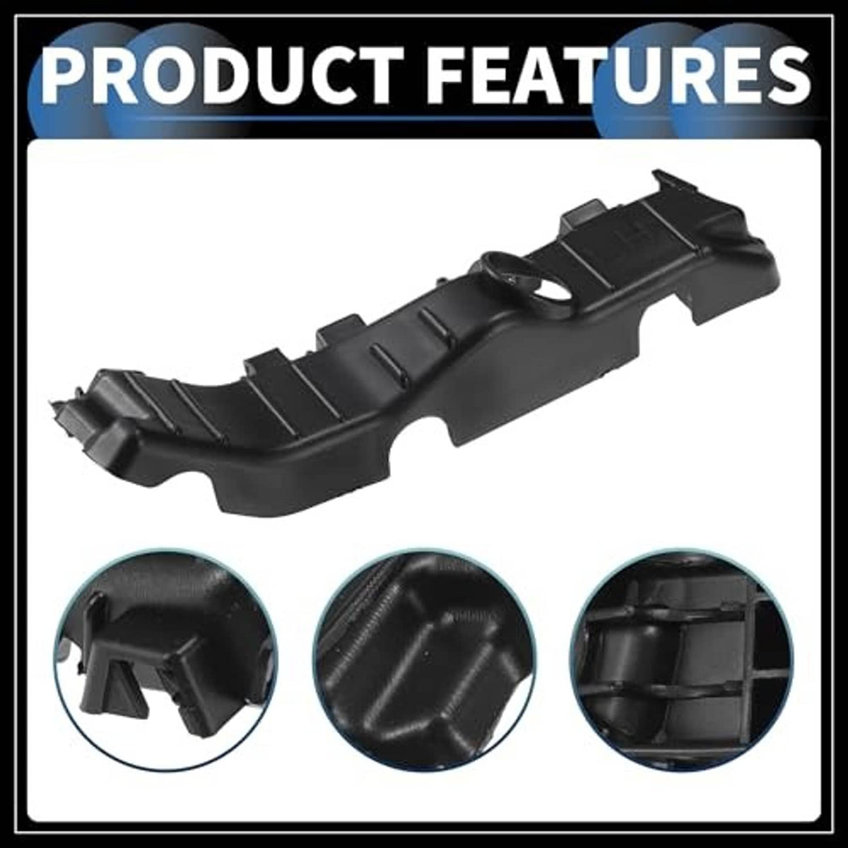 Black bumper support bracket with molded ribs and snap-fit mounting tabs