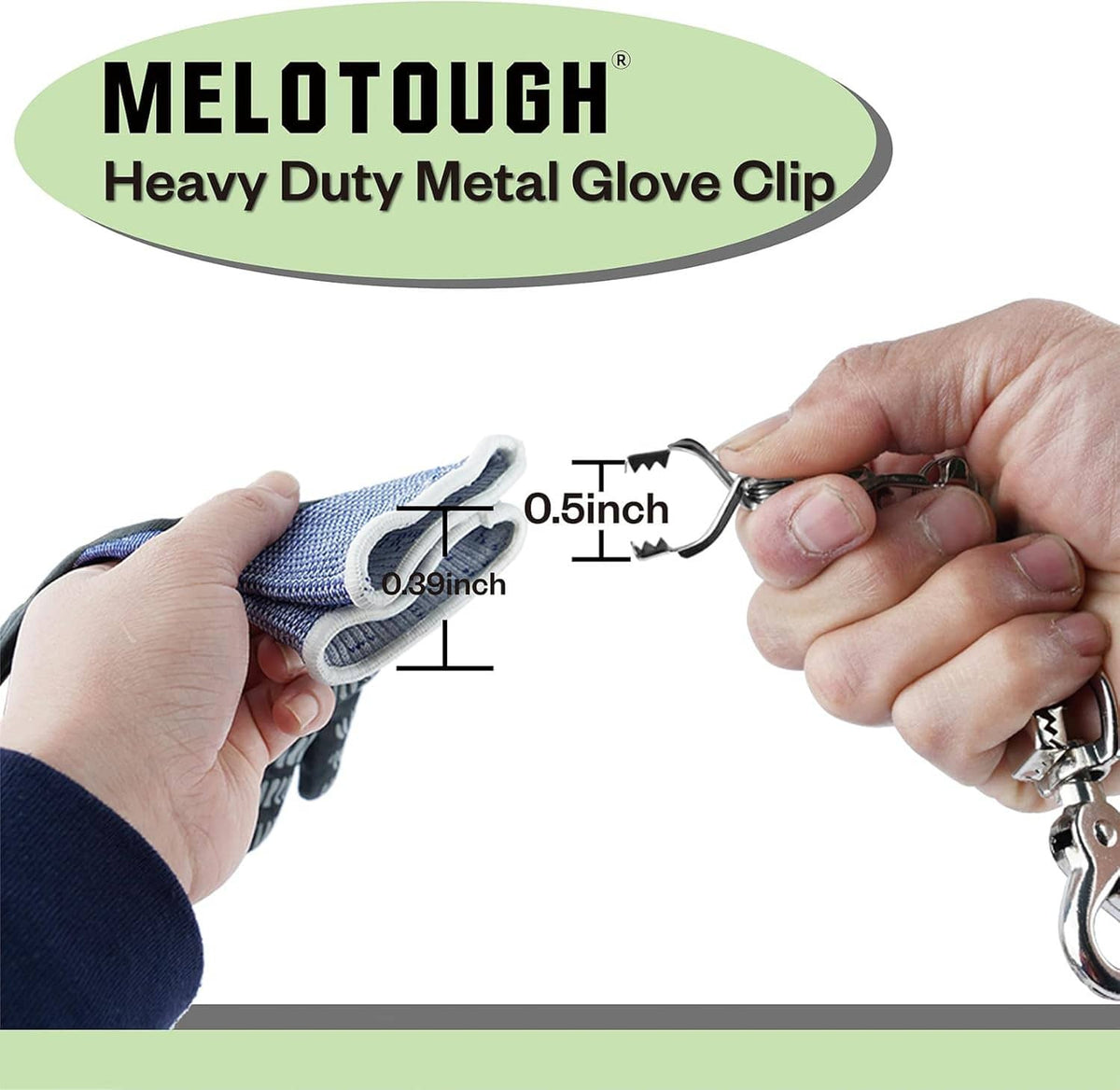 Metal glove clip with chain and alligator jaws attached to a blue work glove