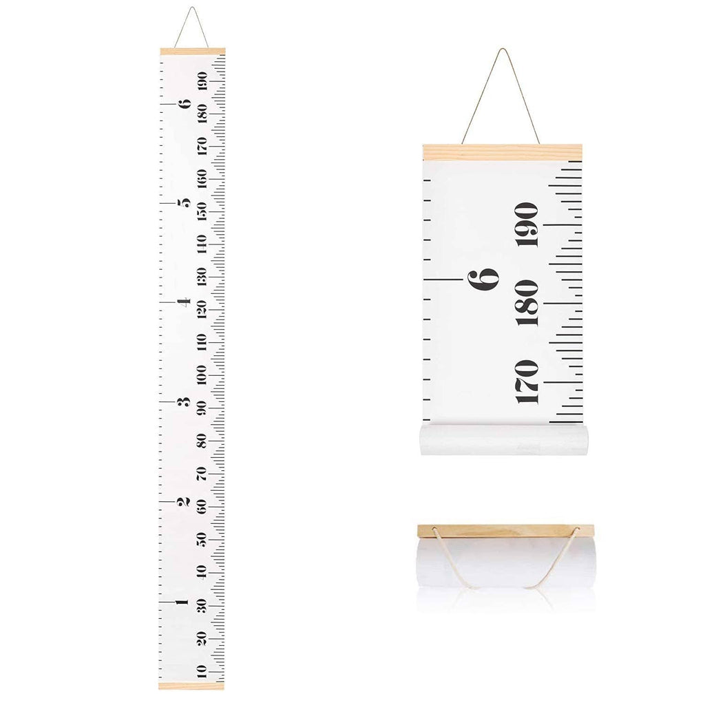 Kids canvas height ruler growth chart with removable wood top, inch and cm markings.