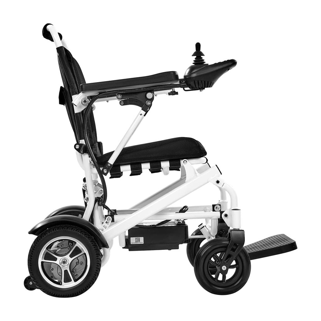 Electric wheelchair rear-side view with black backrest and seat, white frame