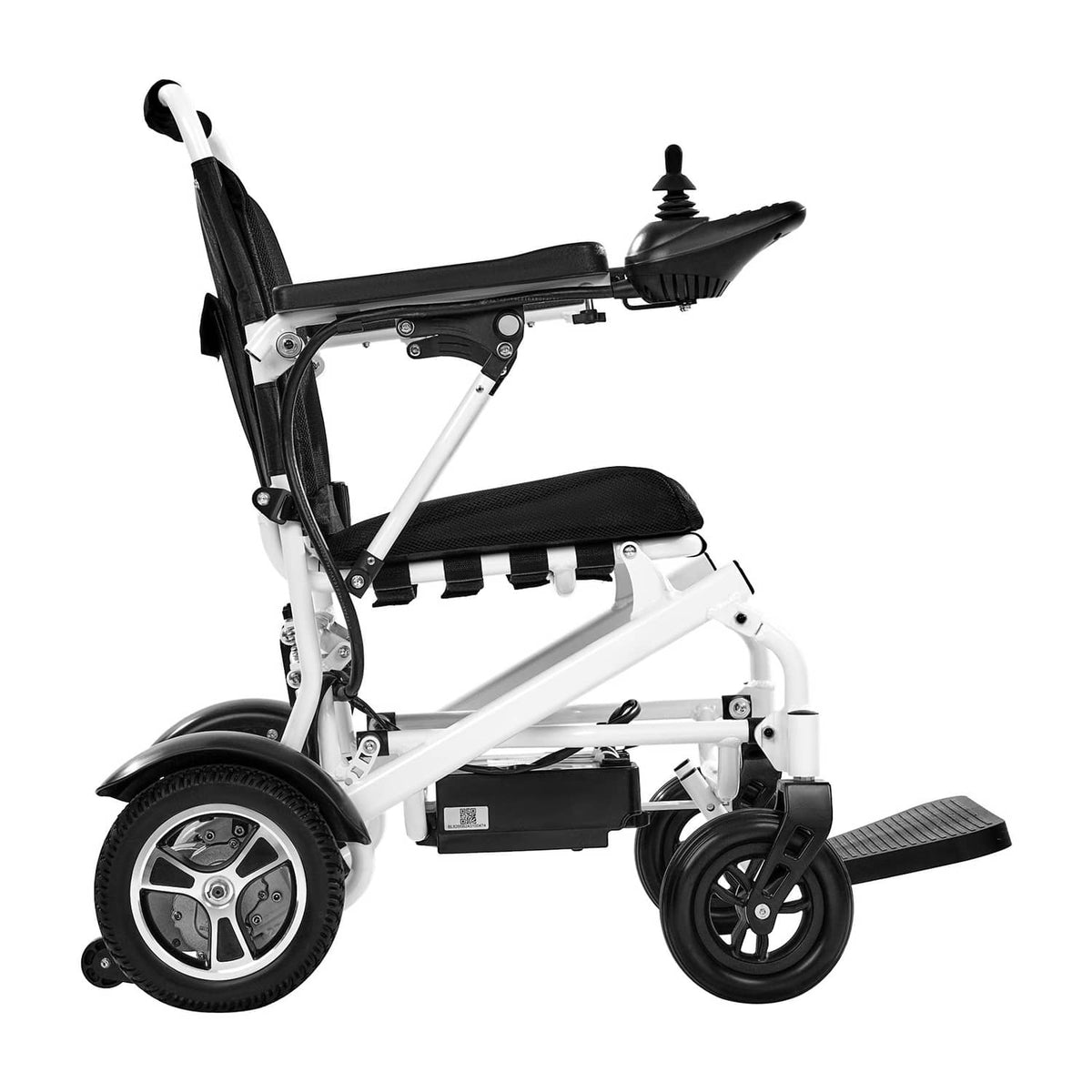 Electric wheelchair rear-side view with black backrest and seat, white frame