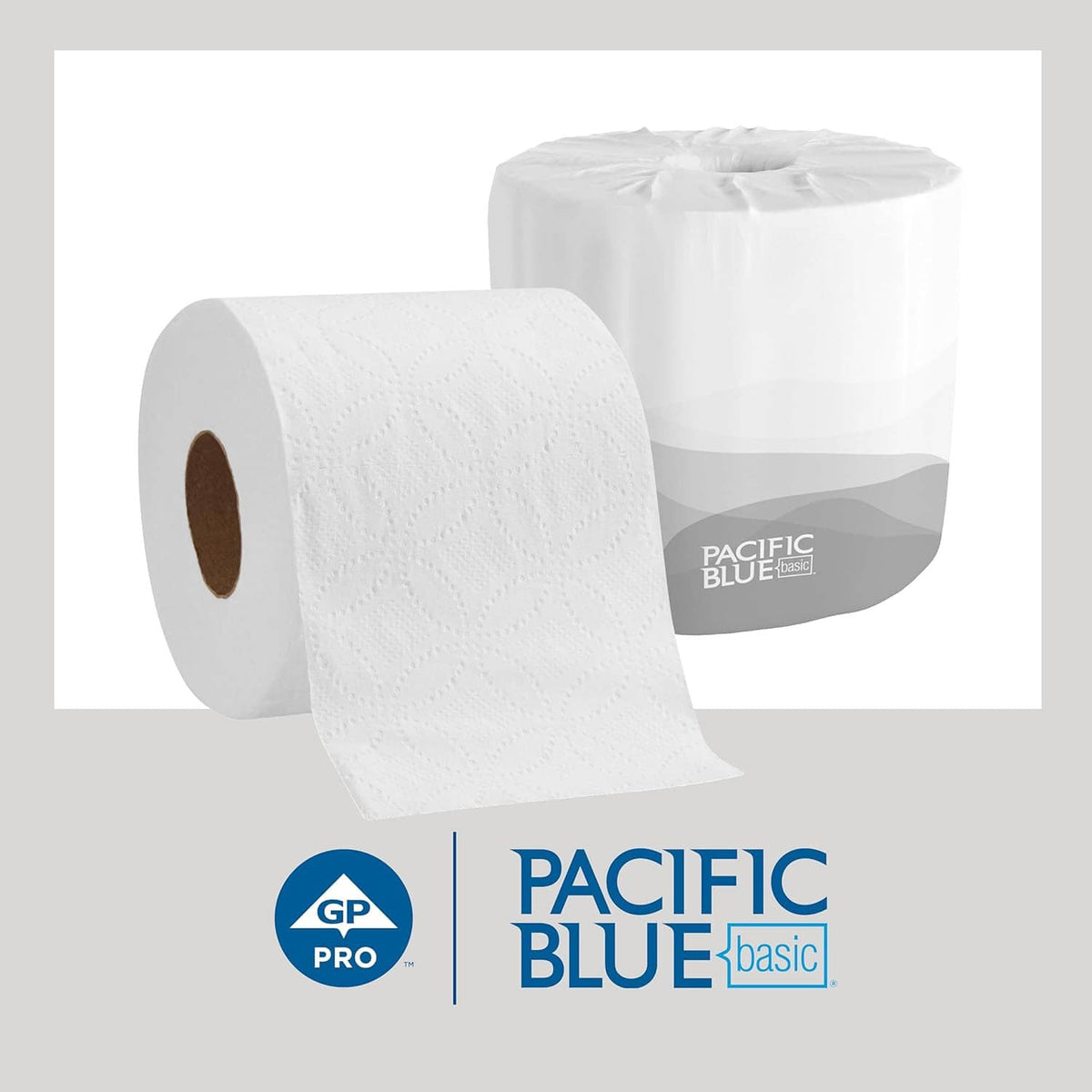 White 2-ply embossed toilet paper roll with another roll stack behind, visible brown core