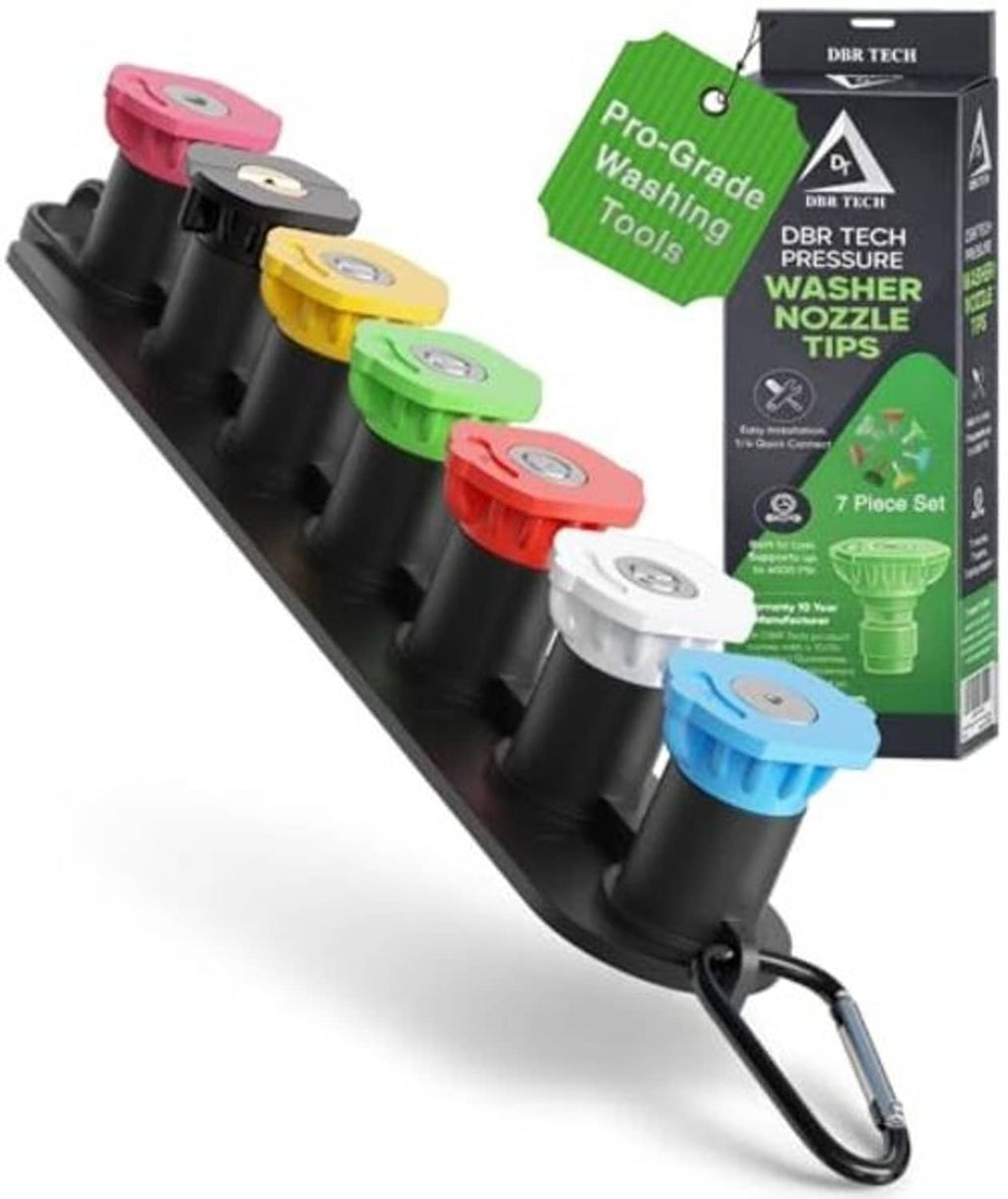 Pressure washer nozzle tip set with seven colored QC tips on a black holder and hose loop