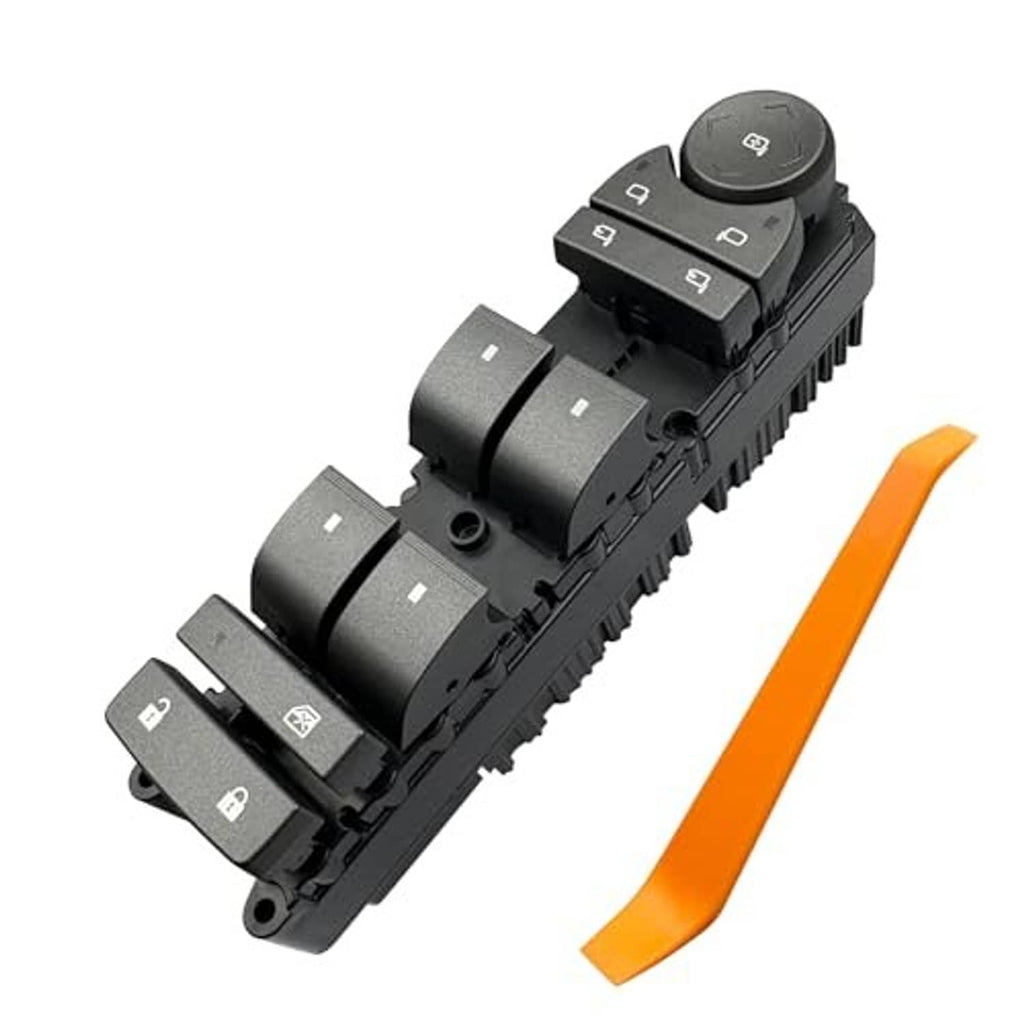 Power window switch panel with black rocker buttons and round up/down control knob