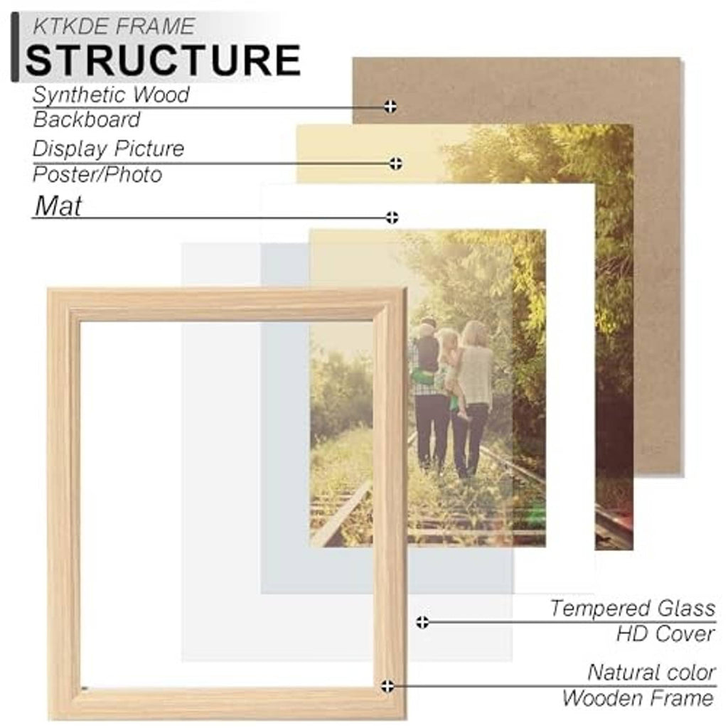 Wood picture frame with tempered glass and white mat insert, exploded view