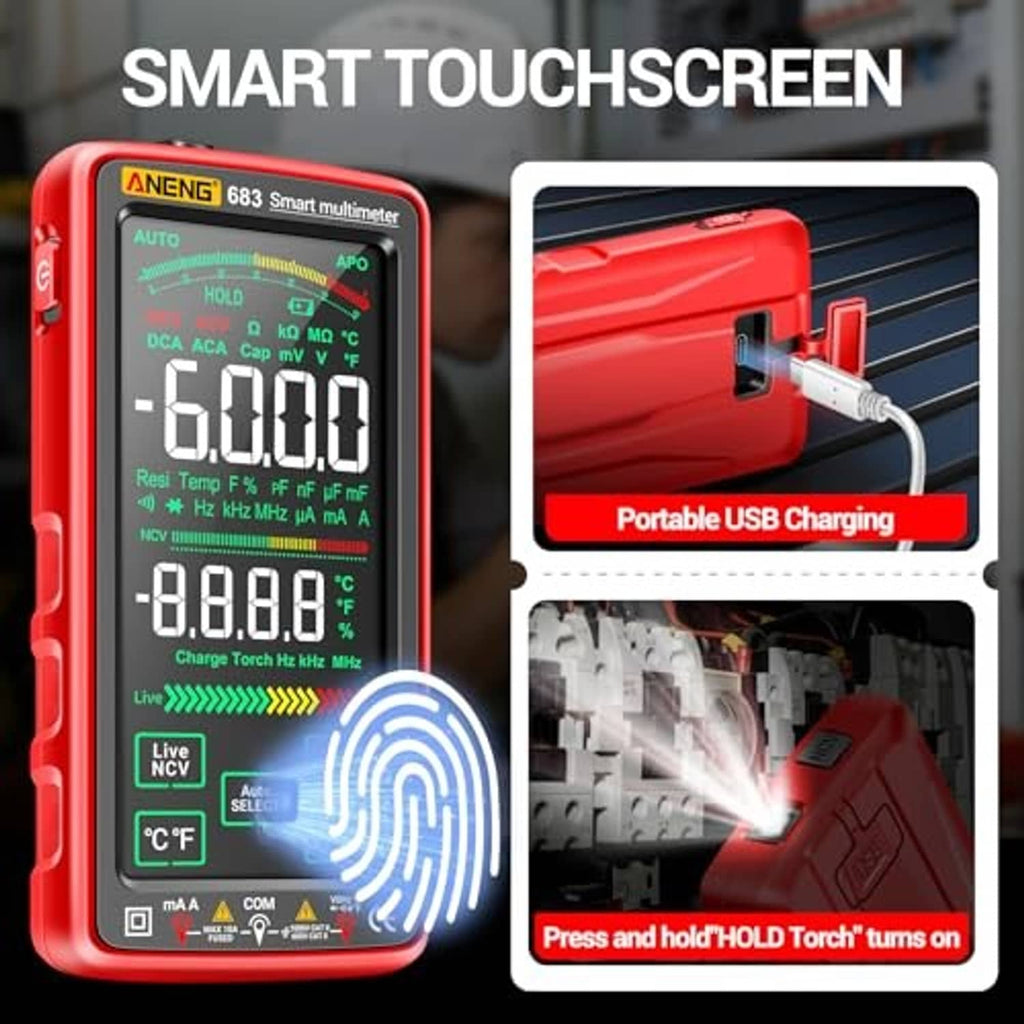Red smart multimeter with touchscreen and torch charging graphic