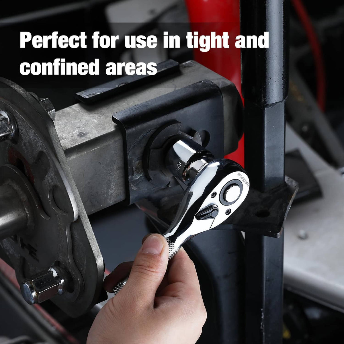 Stubby ratchet wrench used in a tight mechanical space with exposed socket head