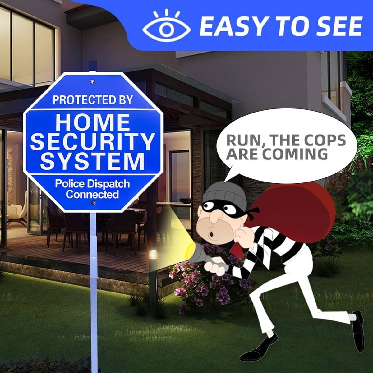 Blue octagon yard security sign with 'HOME SECURITY SYSTEM' and small dispatch connected text