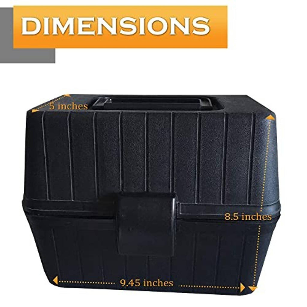 Black portable lunch box with size markings: 9.45 x 8.5 x 5 inches