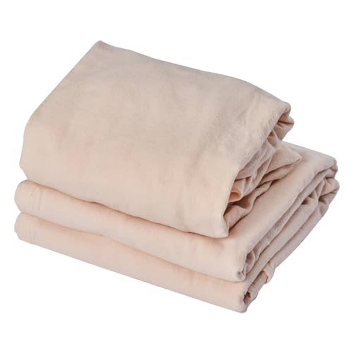 Stacked light beige cotton flannel sheets for massage table cover set.