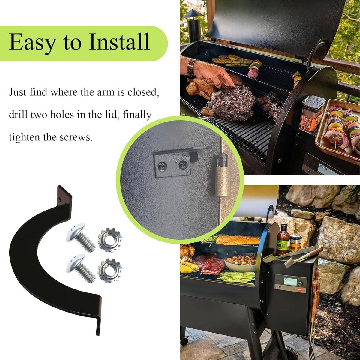Black grill lid door stop arc with two screws and mounting bracket