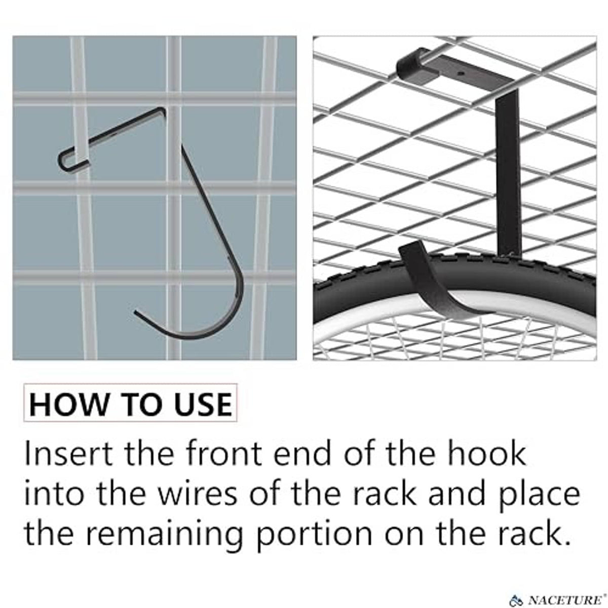 Dark gray bike rack ceiling hook with curved cradle, inserted into wire grid