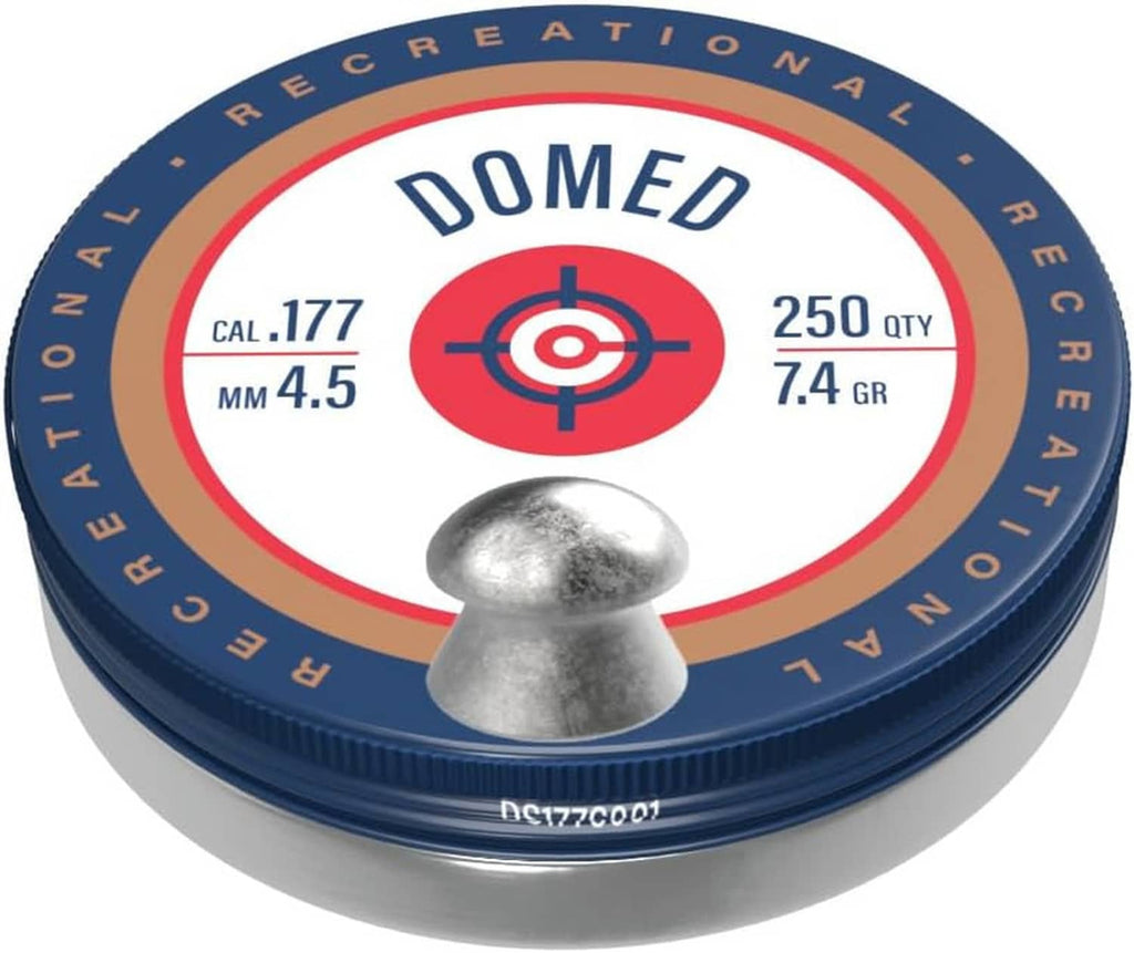 Domed .177-caliber Destroyer pellets tin with target label and silver pellet