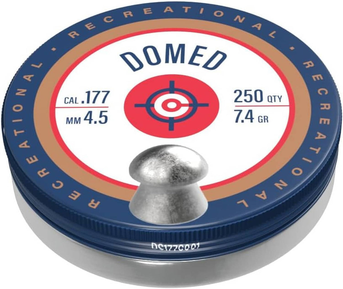 Domed .177-caliber Destroyer pellets tin with target label and silver pellet