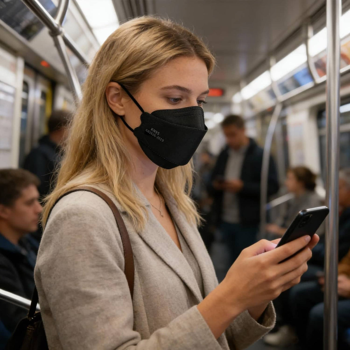 Black KN95 face mask with ear loops on a woman’s face