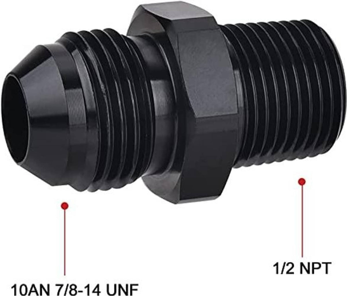 Black straight AN flare to 1/2 NPT male pipe adapter, hex body with threaded ends
