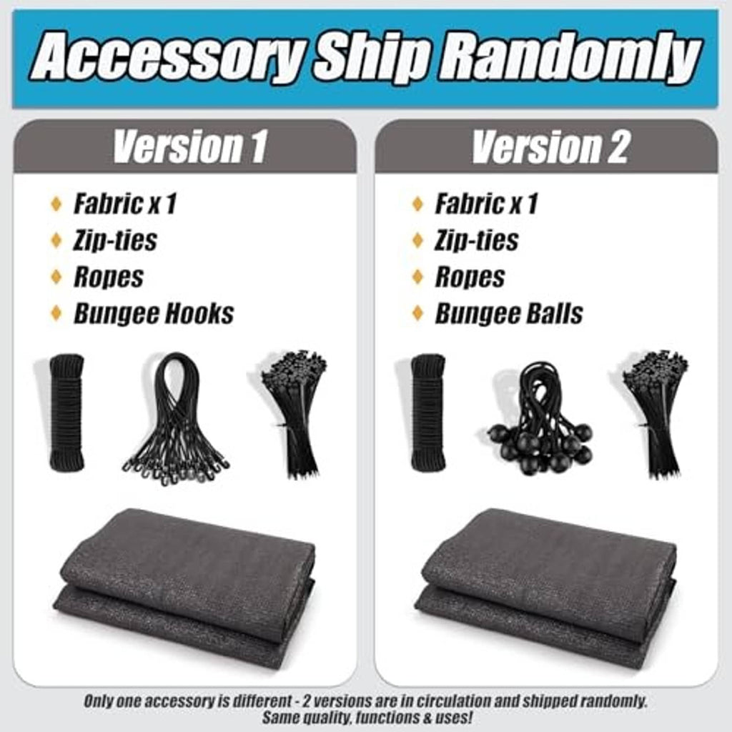 Shade cloth accessory set: fabric roll, zip-ties, ropes, and bungee hooks