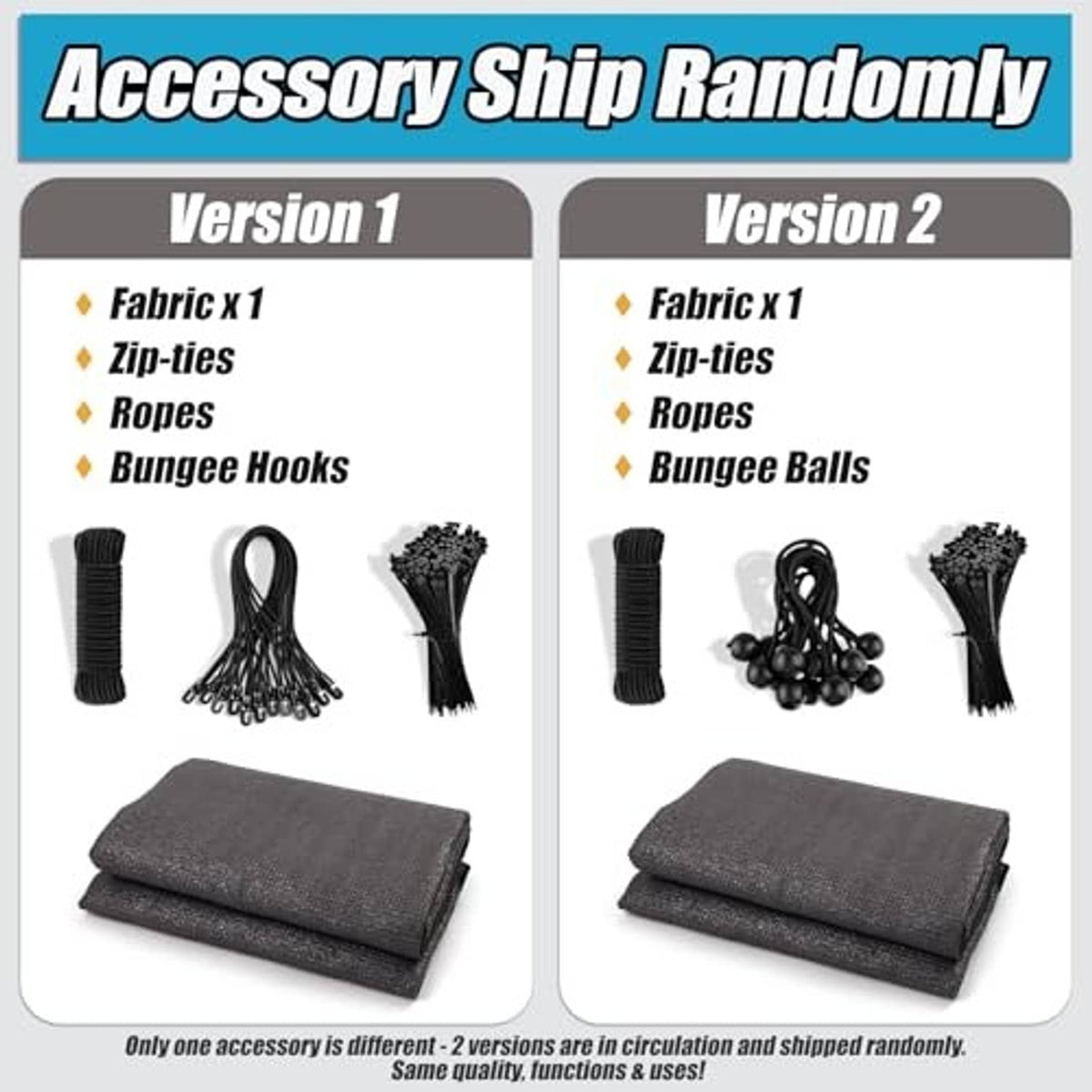 Shade cloth accessory set: fabric roll, zip-ties, ropes, and bungee hooks