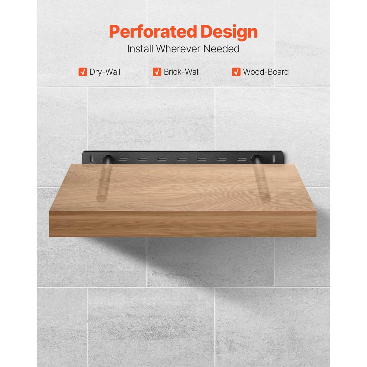 Black perforated wall-mount floating shelf bracket with two support tubes and mounting holes