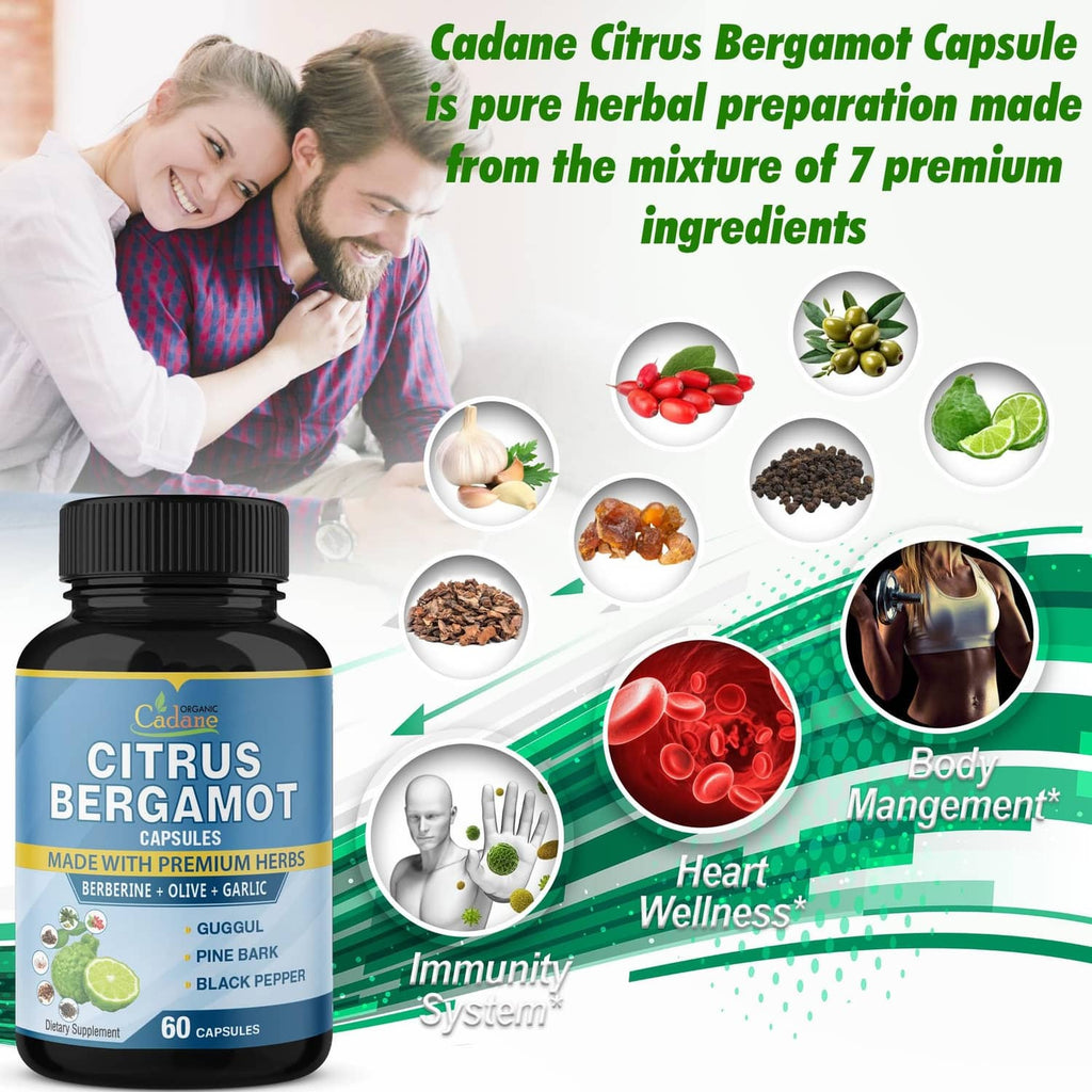 Citrus bergamot capsule bottle with herbal ingredient icons and “body management” and “immunity”