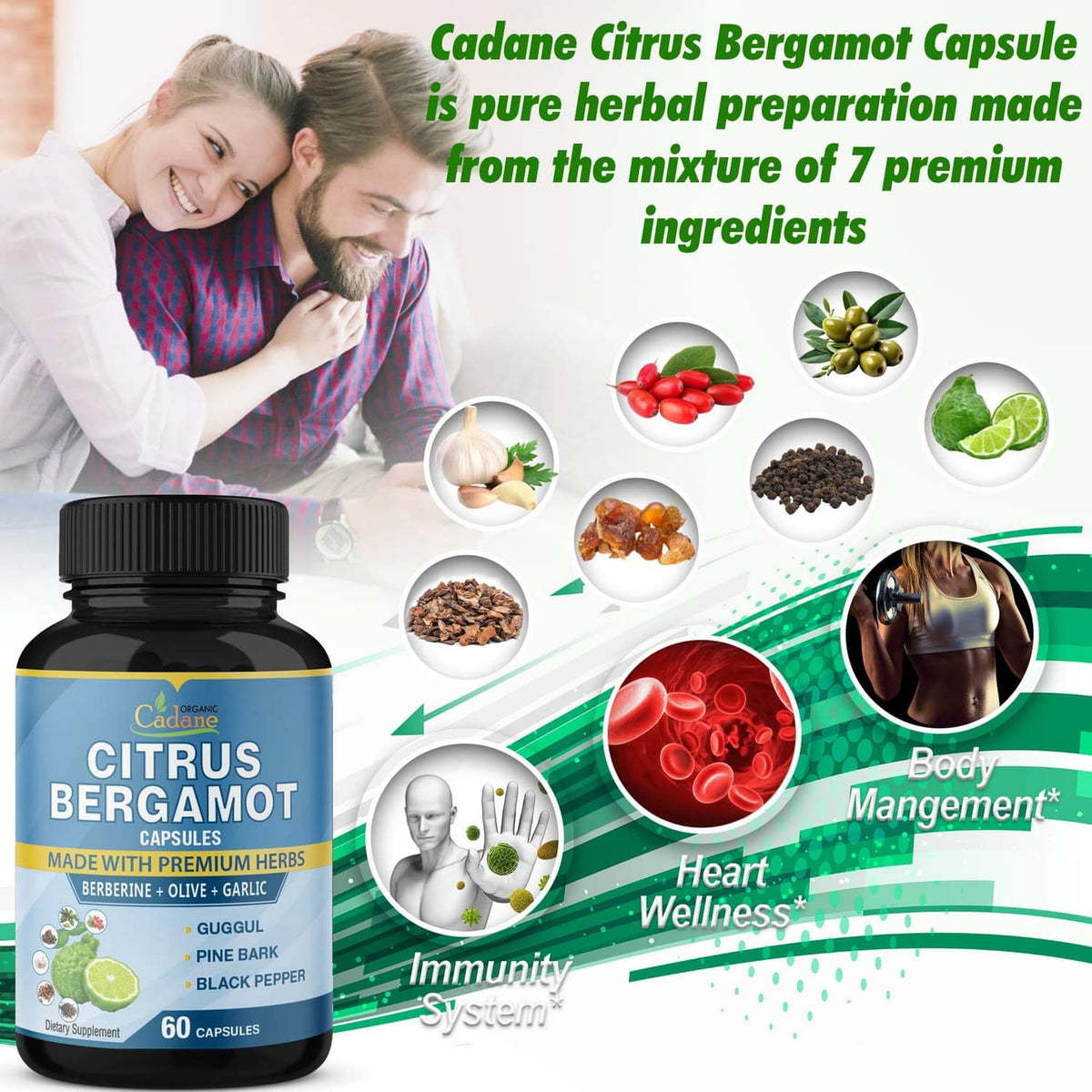 Citrus bergamot capsule bottle with herbal ingredient icons and “body management” and “immunity”