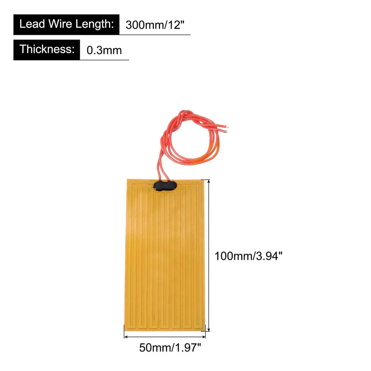 Rectangular polyimide heater film with red wire leads and a black sensor tab