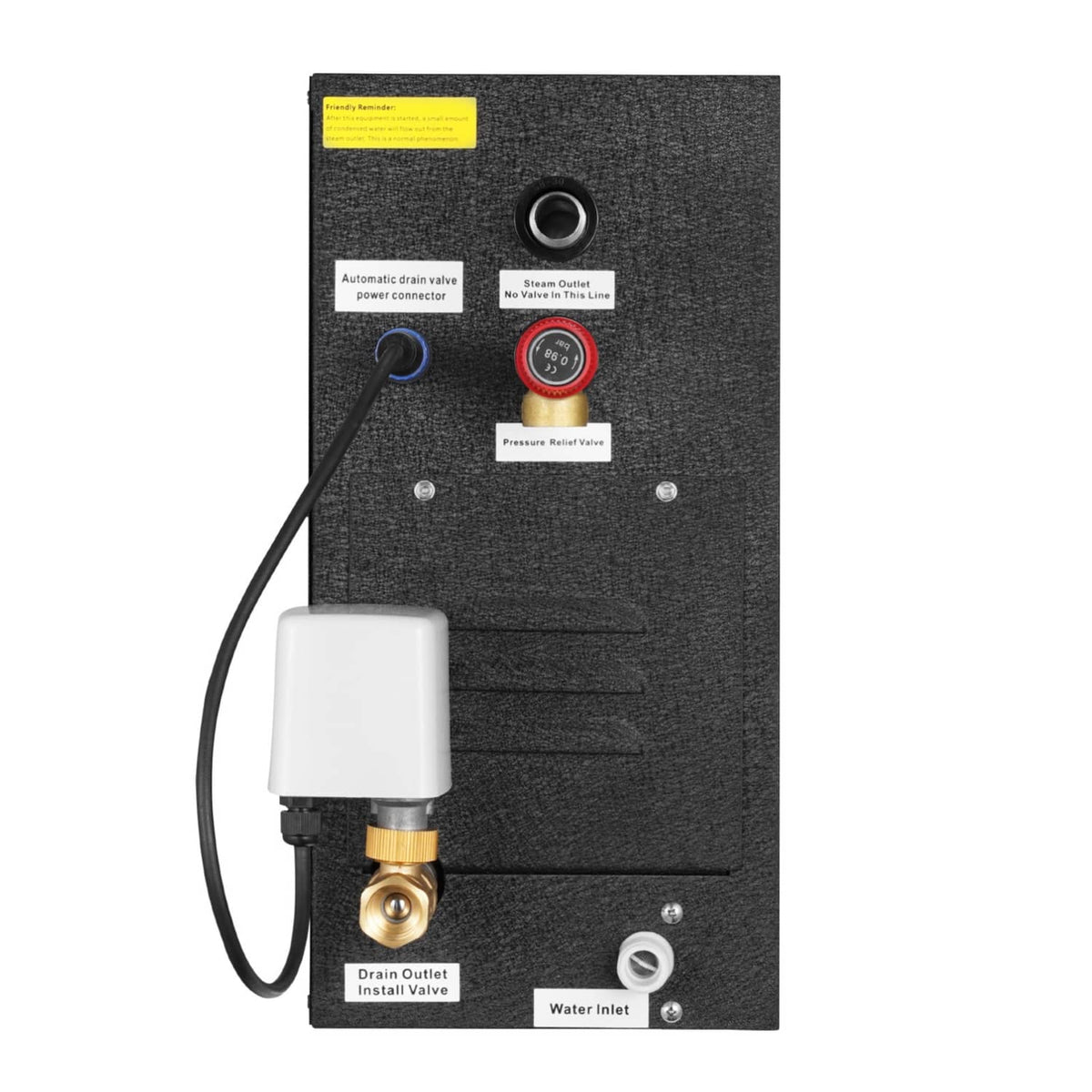Steam generator controller back panel with water inlet, drain outlet valve, and cables