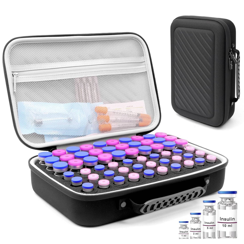 Black 60-slot insulin vial protector case with foam-lined interior and zipper lid