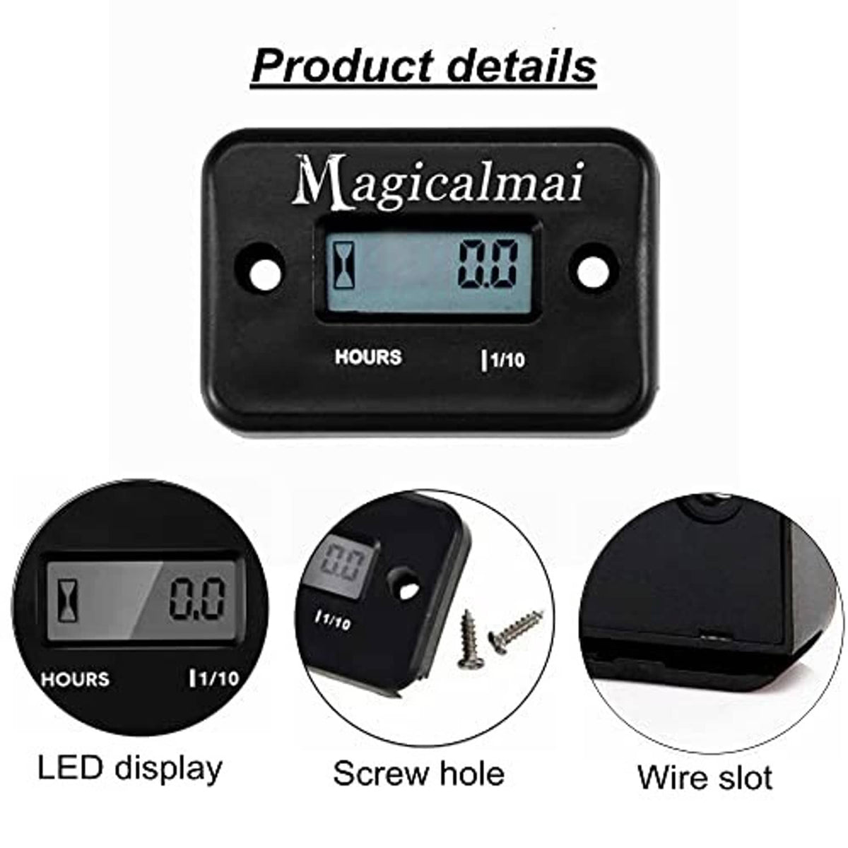 Black hour meter module with blue LCD showing 0.00 hours and two side mounting holes