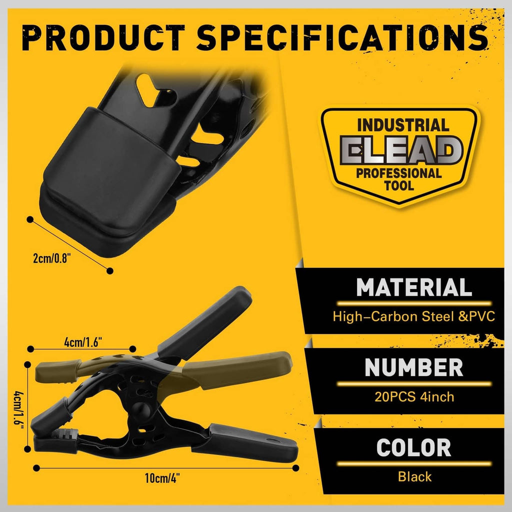 Black spring clamp with hinge mechanism and metal spring, industrial tool style