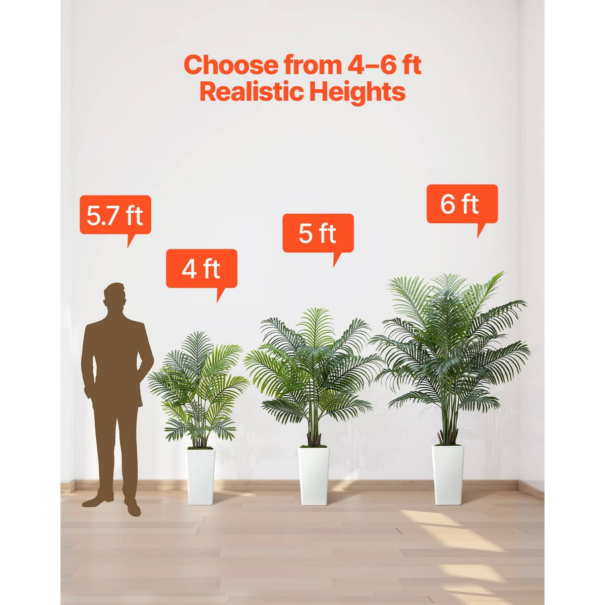 Artificial areca palm tree in a white pot with labeled height options for indoor use