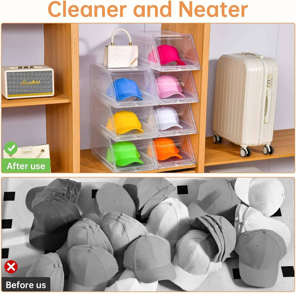 Clear stacked hat boxes with colorful caps, plus grayscale cap lineup below
