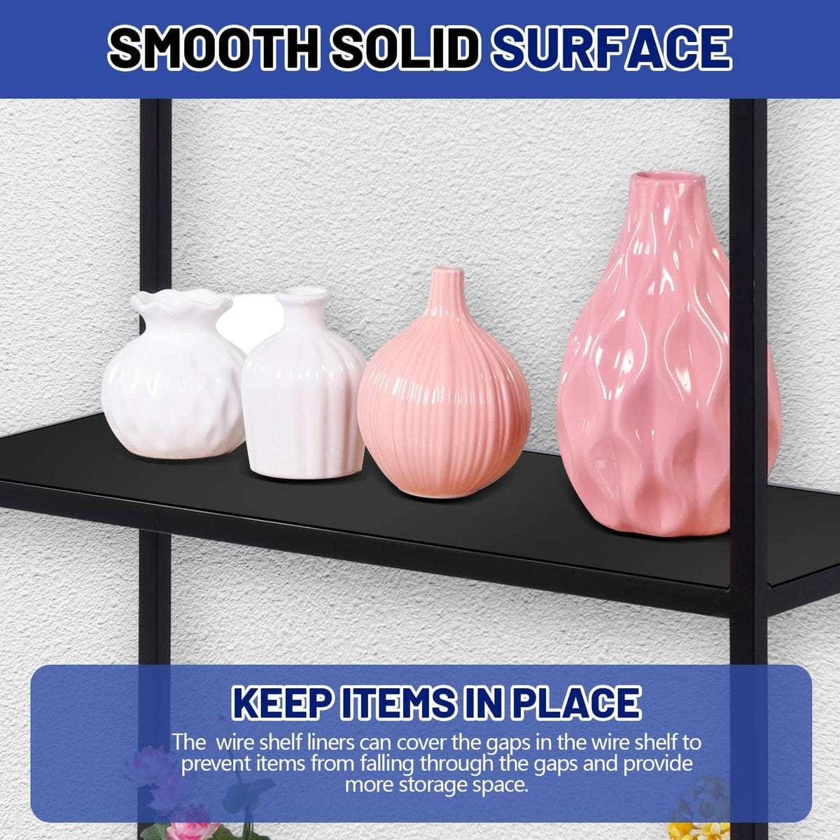 Black smooth wire shelf liner with flat surface to help protect items