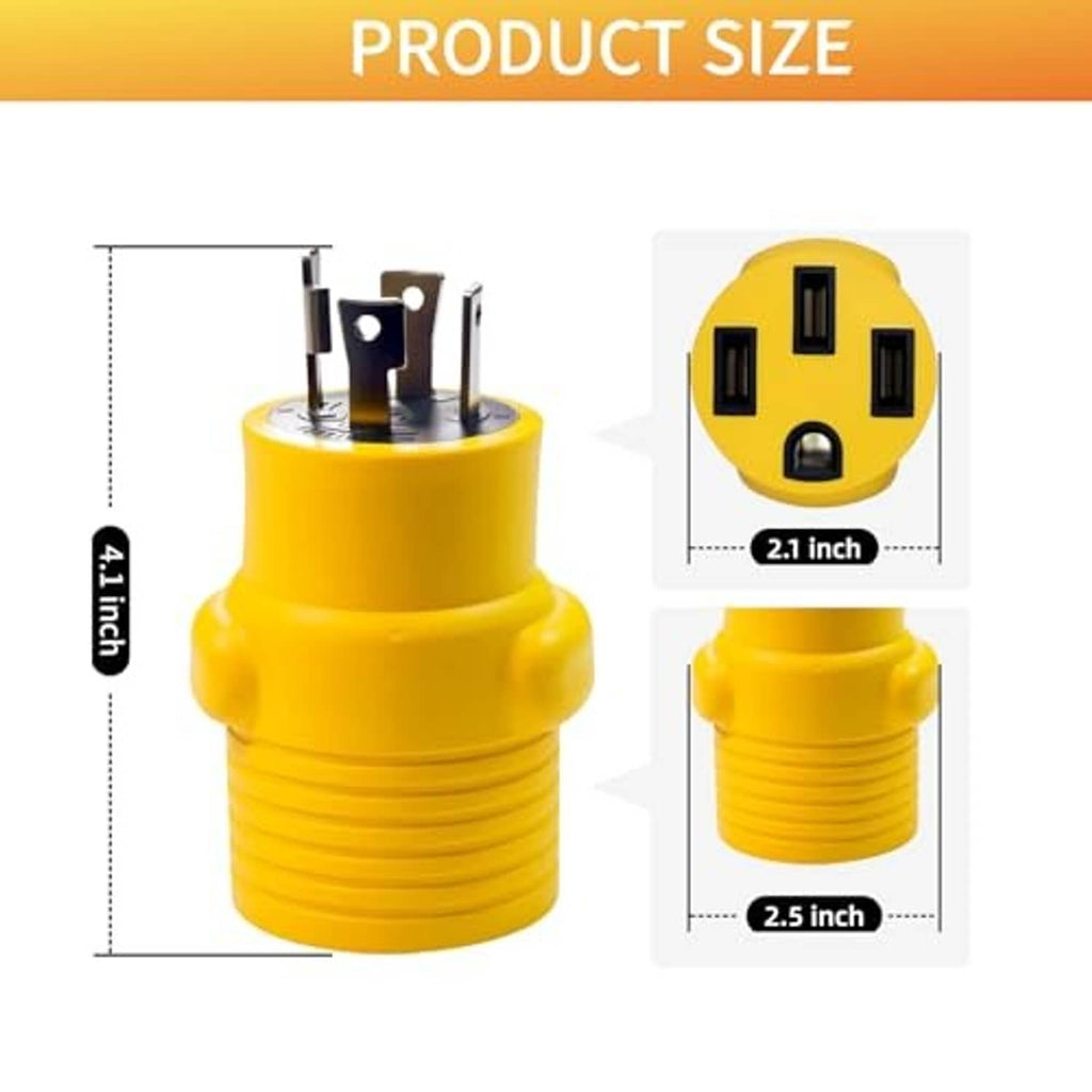 Yellow twist-lock adapter with 4-prong plug, showing product size measurements