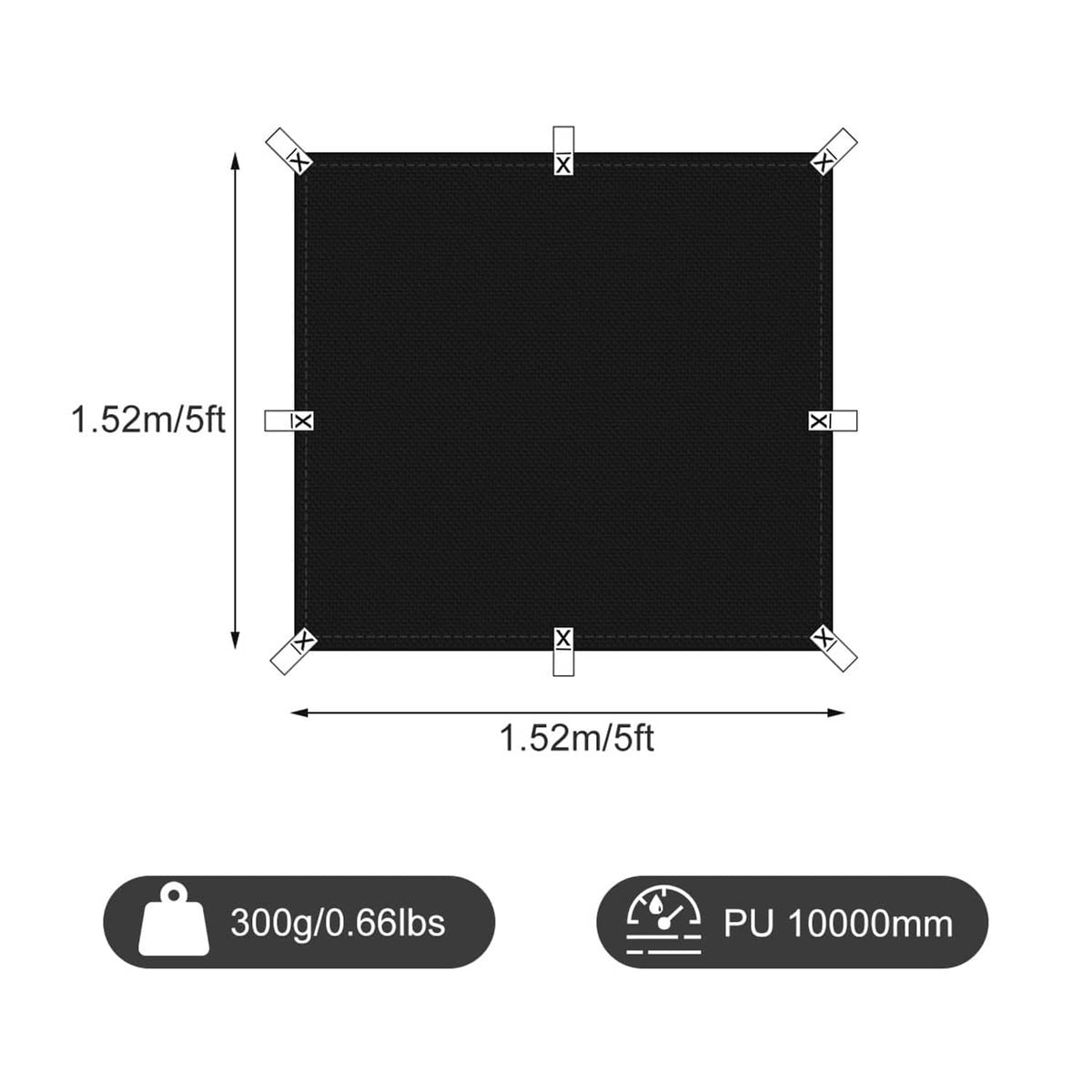 Black tarp cover with corner eyelets, 5x5 ft square size diagram