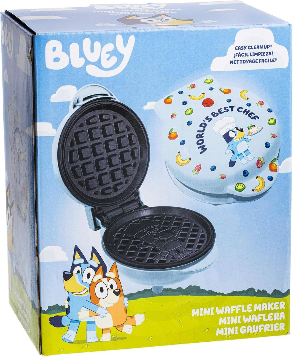 Mini waffle maker retail box showing open waffle iron and chef-themed graphics