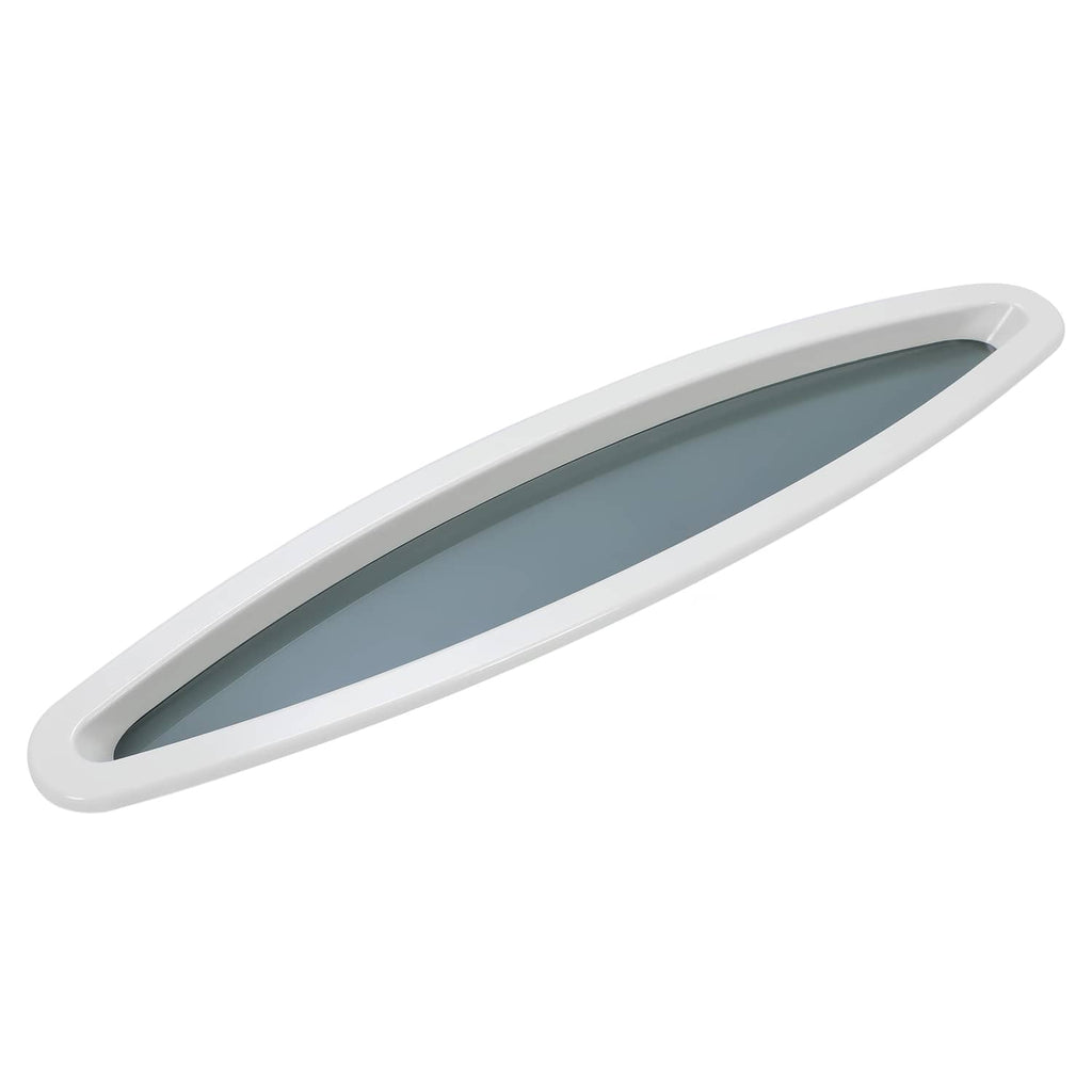 Oval boat window with white outer ring and elongated tinted glass, side profile