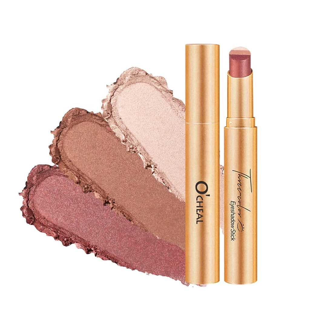 O'CHEAL three-color gradient eyeshadow stick with three swatches in rose and brown