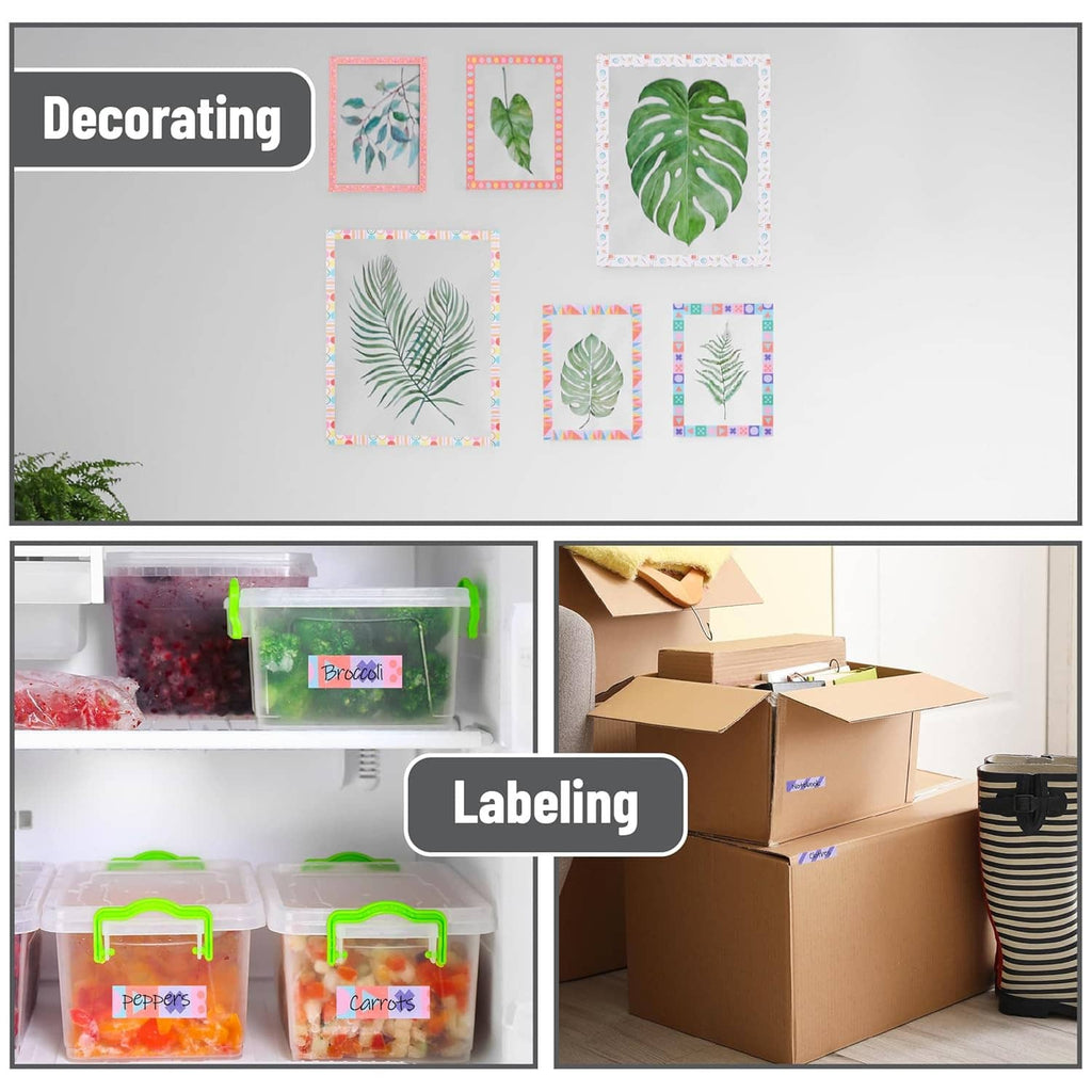 Washi tape labels on storage containers and stacked moving boxes