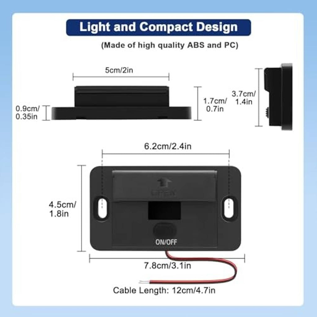 Compact black 3-port 12V USB outlet panel with labeled dimensions and cable