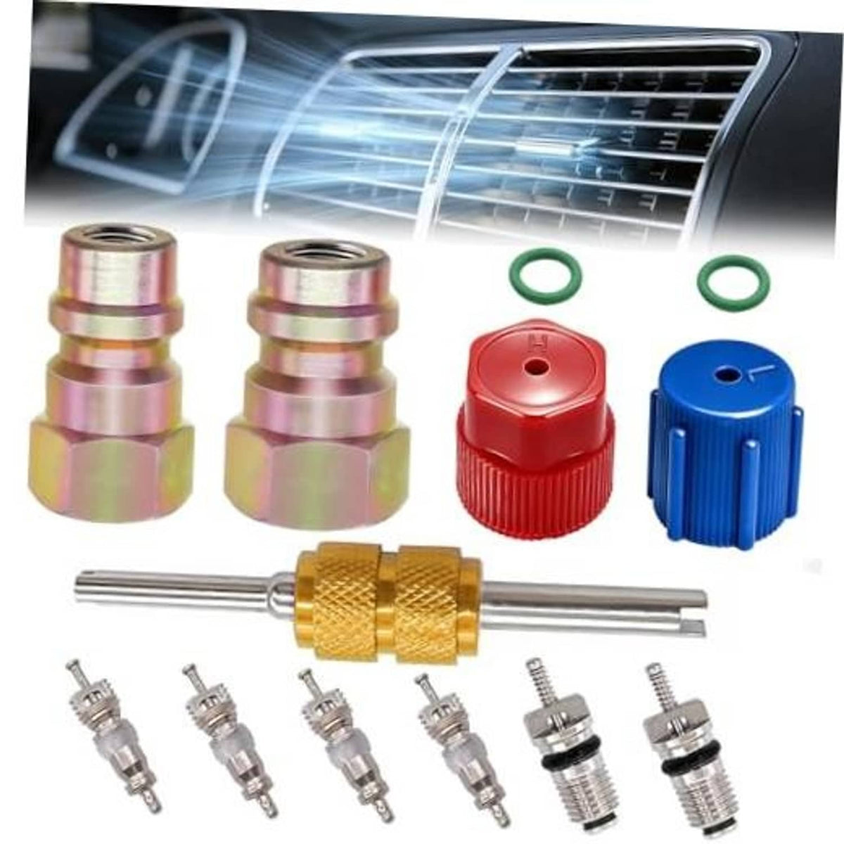 A/C conversion fitting kit with gold, red and blue adapters and o-rings