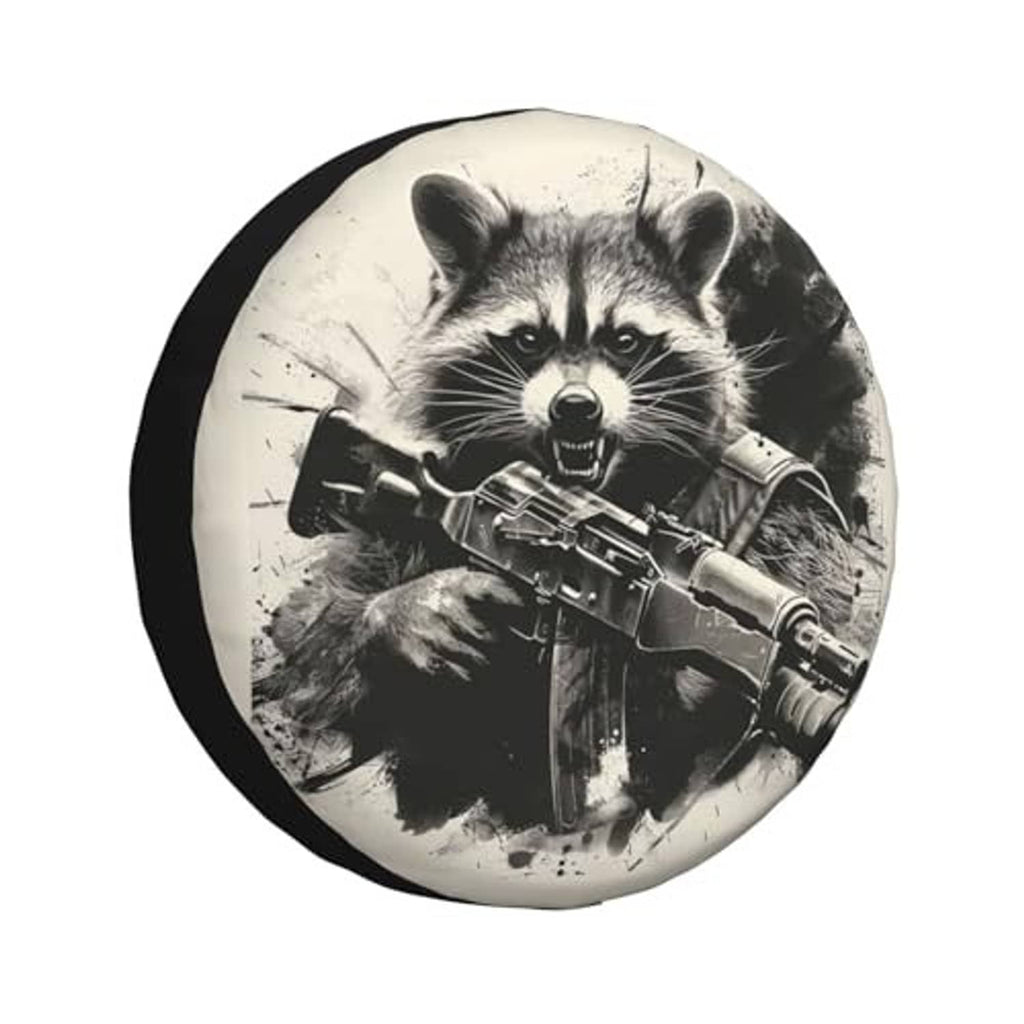 Raccoon spare tire cover with gun graphic and black side edge