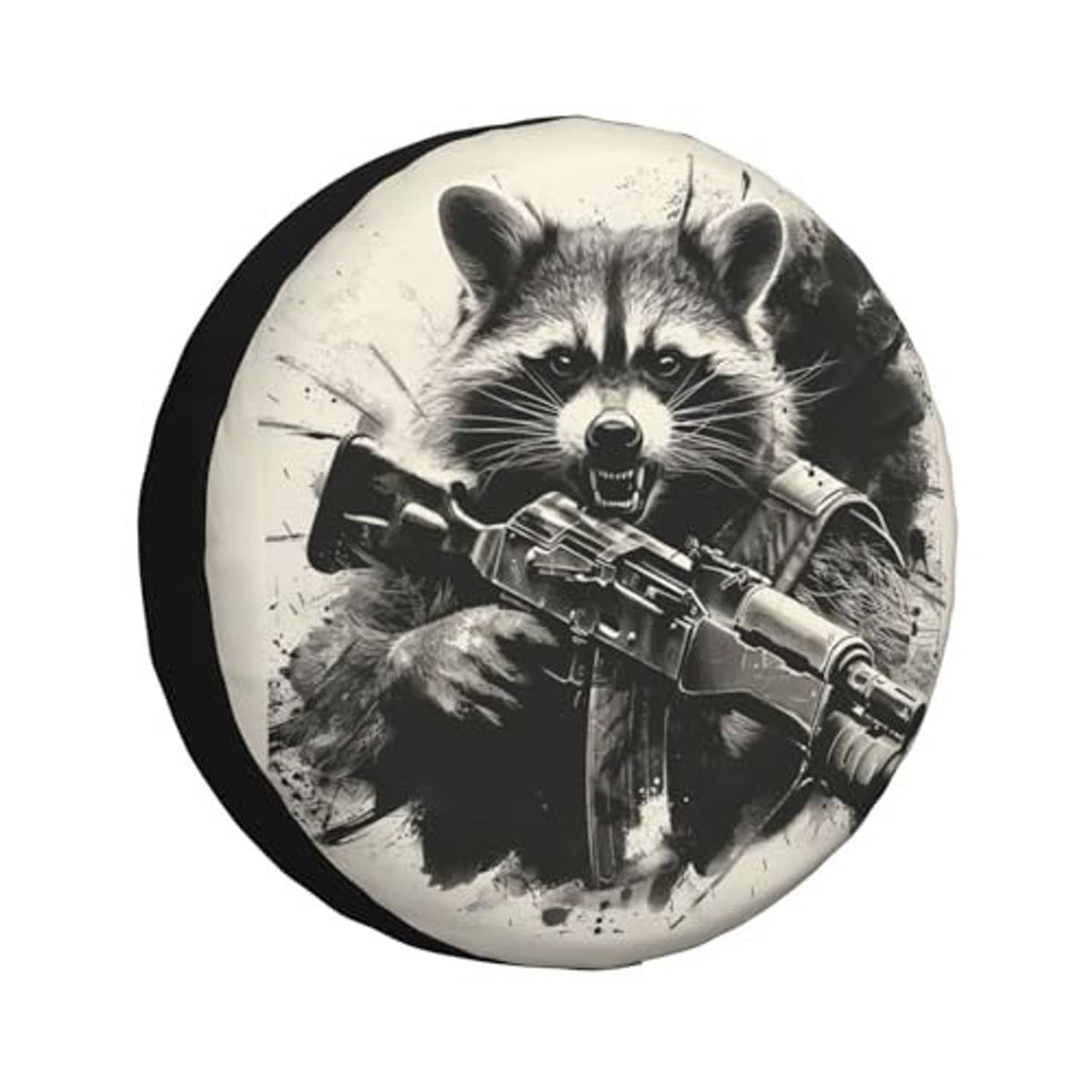 Raccoon spare tire cover with gun graphic and black side edge
